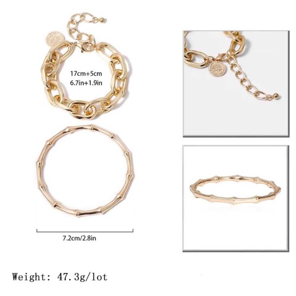 NEW 2/Pcs Set Gold Chain Punk Bangle Bracelet - Picture 2 of 7